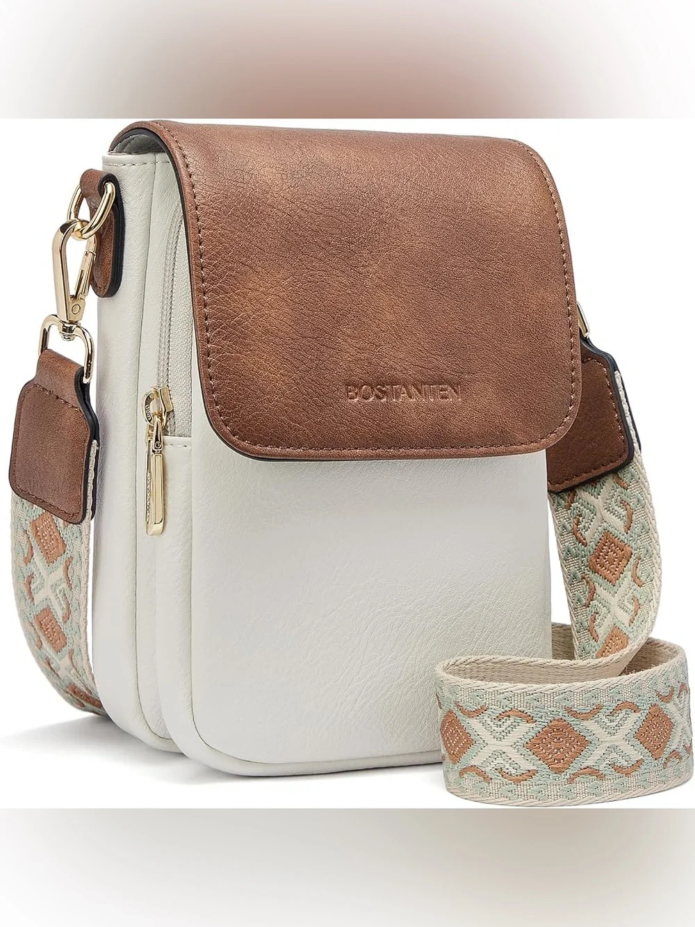 White and Brown Crossbody Bag with Patterned Strap